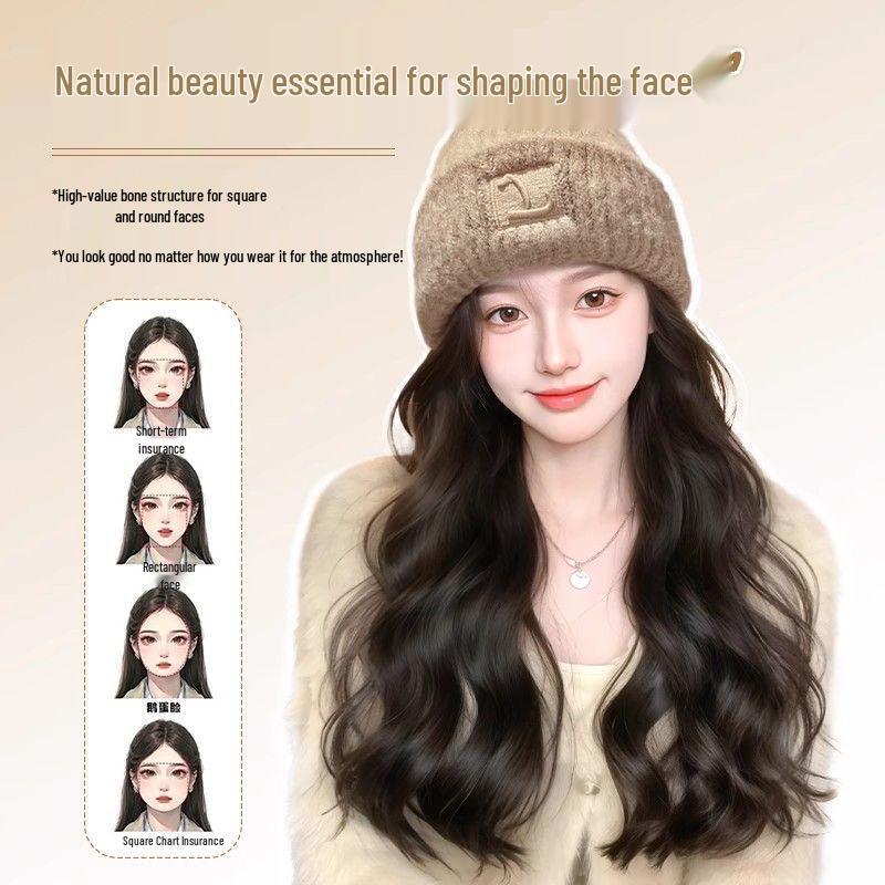 Women's Fashionable Knitted Wool Hat with Realistic Non-Detachable Wig for Autumn/Winter 2025