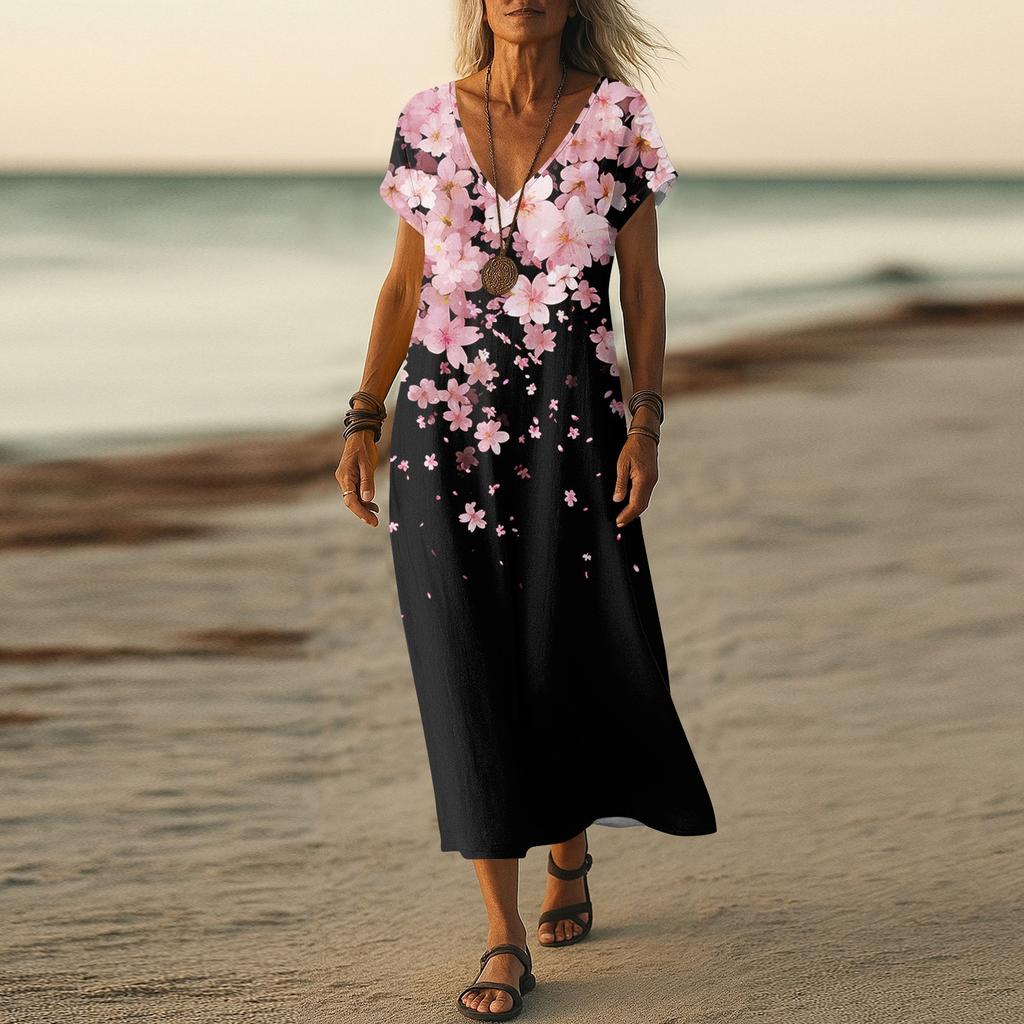 Summer Dress Women's Long Boho Beach Dress Elegant Maxi Dress V-Neck Short Sleeve Summer Tunic Dress Light Airy