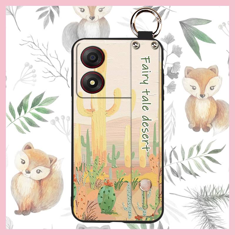 Kickstand Oil Painting Phone Case For ZTE Blade A34 Anti-dust Ring Fashion Design Anti-knock Lanyard Wrist Strap Flower