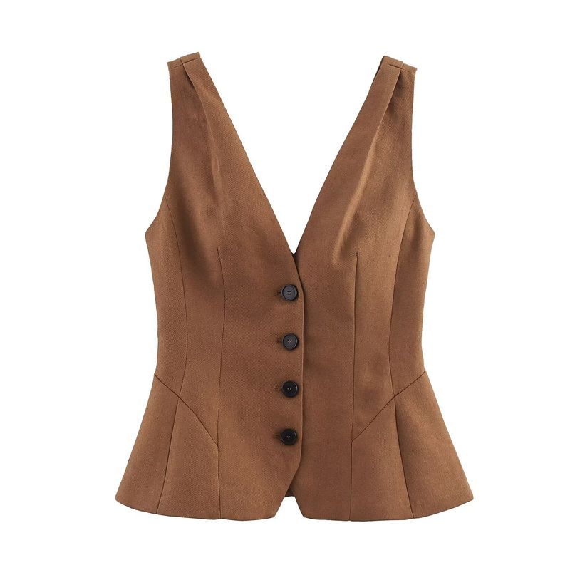 

Nine Za European and American Women clothes Linen Blend Loose Vest Waist Hugging Short Top Casual 3503586 Brown XS
