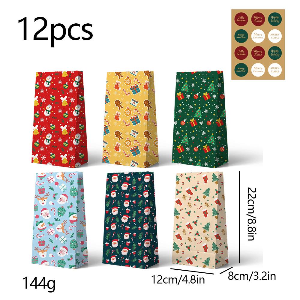 12 Pcs Christmas Gift Bags, Santa Design Kraft Paper Bags with Stickers, Flat Paper Bags for Holiday Gift Wrapping Party