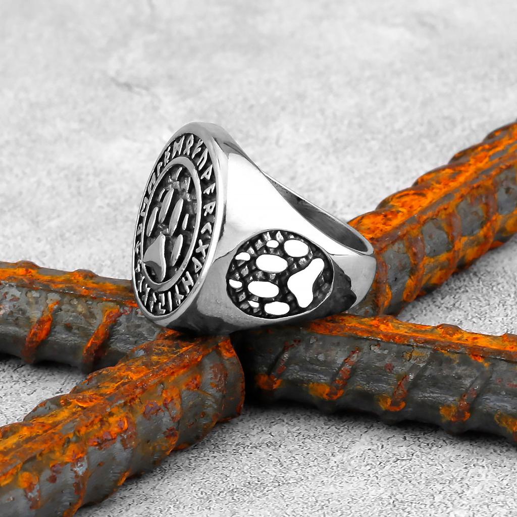 Norse Mythology Rune Ring Viking Bear Paw Stainless Steel Mens Rings Punk Hip Hop Rock for Male Boyfriend Jewelry Gift
