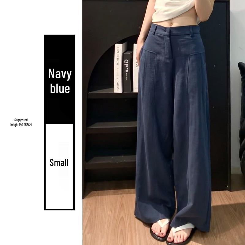 Petite XS Women’s Navy Blue Straight-Leg Wide-Leg Suit Pants, Old Money Style, Spring & Autumn, 145cm Length