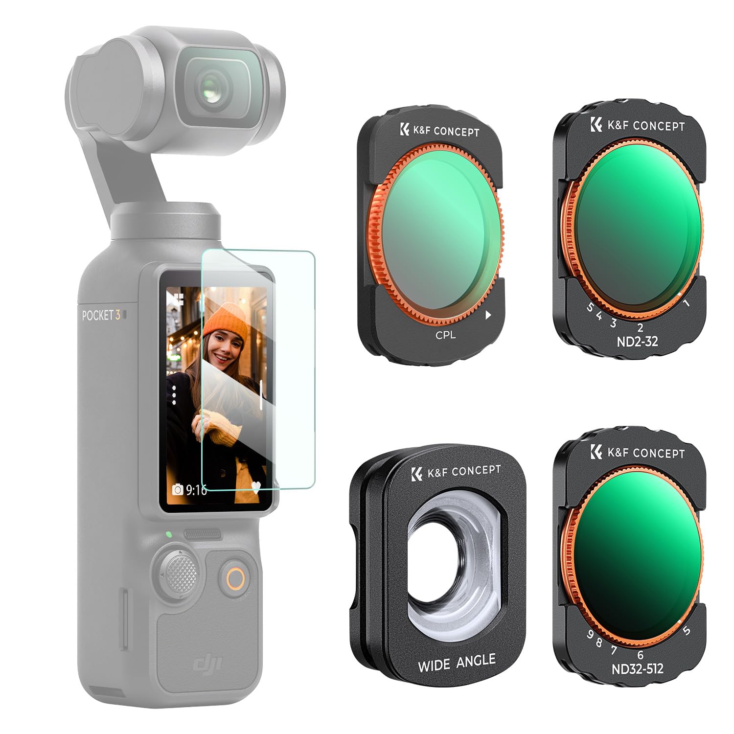 

Концепція для DJI OSMO Pocket 3 Кут Магнітний Знімний Легкий в установці AGC Оптичне скло Нанопокриття Водонепроникний та K&F ND2-32+ND32-512+Широкий