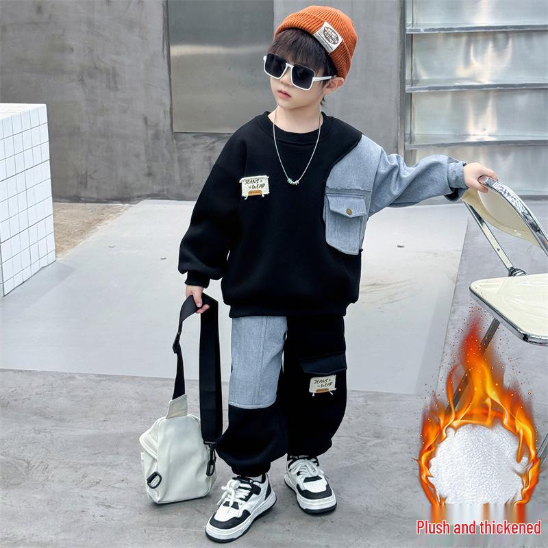 

Весна Осень 2025 Комплект из флисового денима в корейском стиле для мальчиков 90 cm чёрный