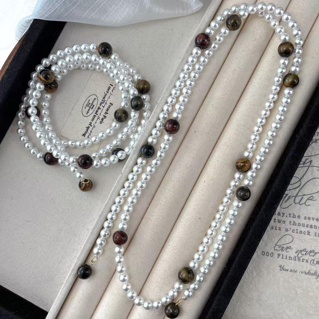 Vintage 2024 Women'S Highlight Imitation Australian White Artificial Pearl Natural Tiger'S Eye Necklace Clavicle Chain