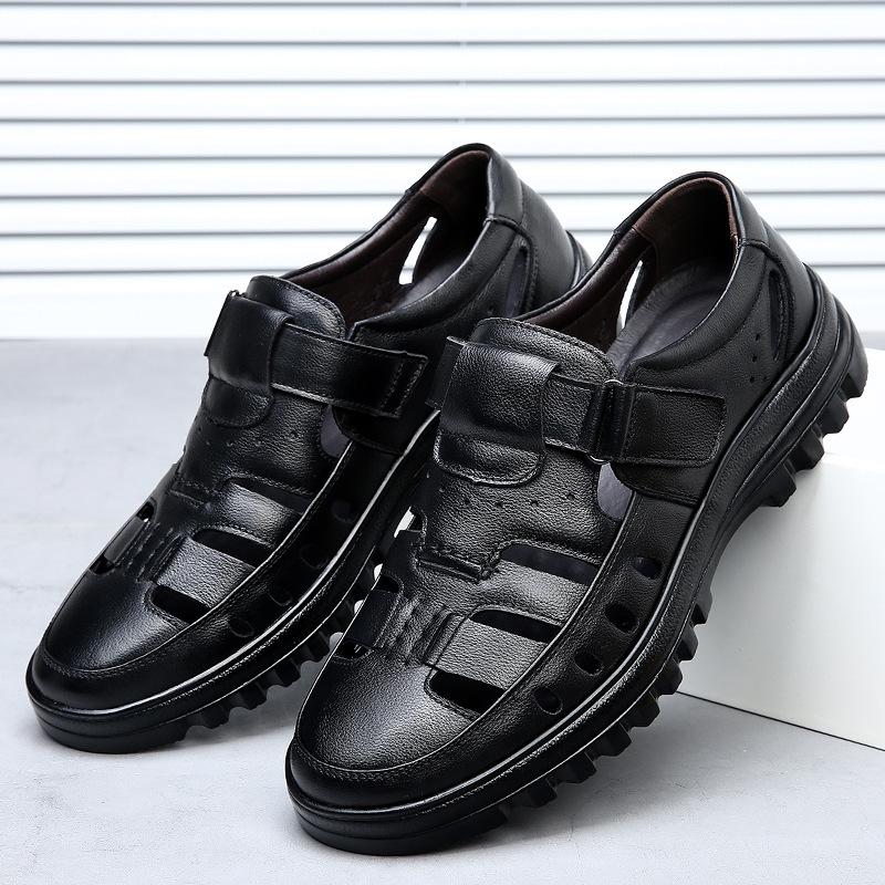Baotou Sandals Men's Summer Leather Casual Leather Shoes Men's First Layer Cowhide Hollow Hole Shoes Soft Sole Dad Shoes