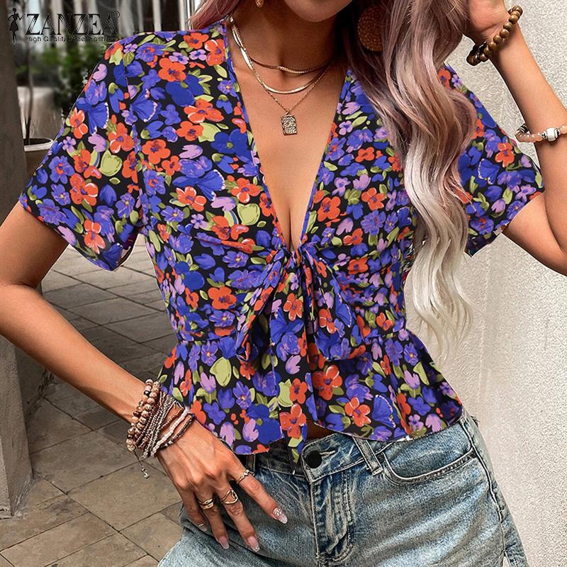 

ZANZEA Женская летняя блузка с v-образным вырезом и короткими рукавами и галстуком-бабочкой с цветочным принтом на талии