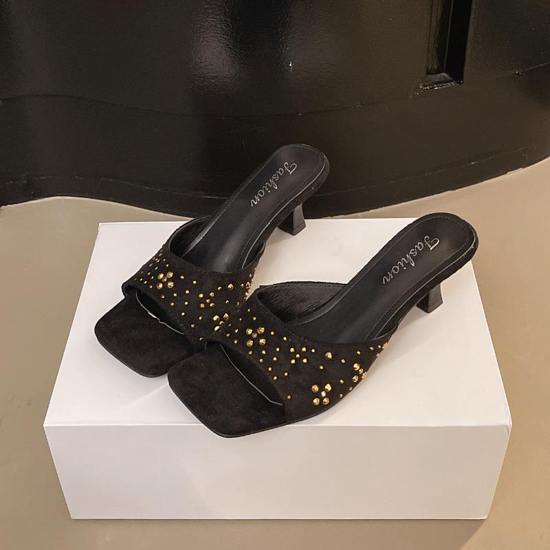 Fashion Women's Mid-heel Slippers Summer New Square Head Open Toe Glitter Set Foot Anti-slip Wear-resistant Stiletto Shoes