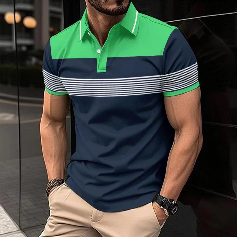 Men's Korean-Style Casual Patchwork Short-Sleeve Polo Shirt V-Neck Button Striped Versatile T-Shirt Top