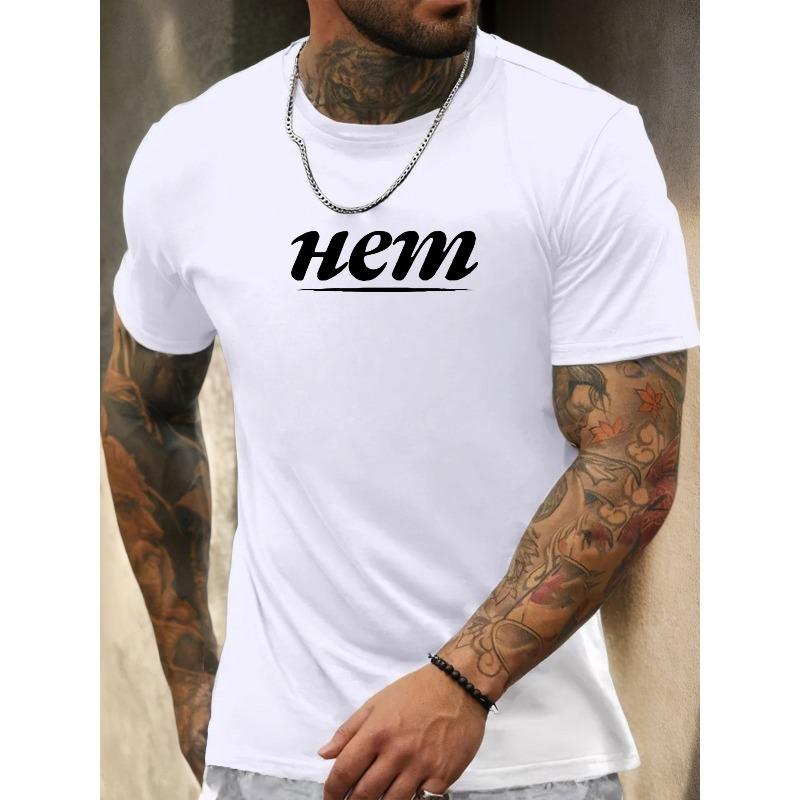 European sizes Men'S Hem Graphic T-Shirt - Lettering, Regular Fit Short Sleeve Round Neck Summer Tee for Casual & Formal Outfits