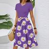 Women's Casual Fashion Belted Floral Printed Short Sleeve Round Neck Elegant Flowing Dress