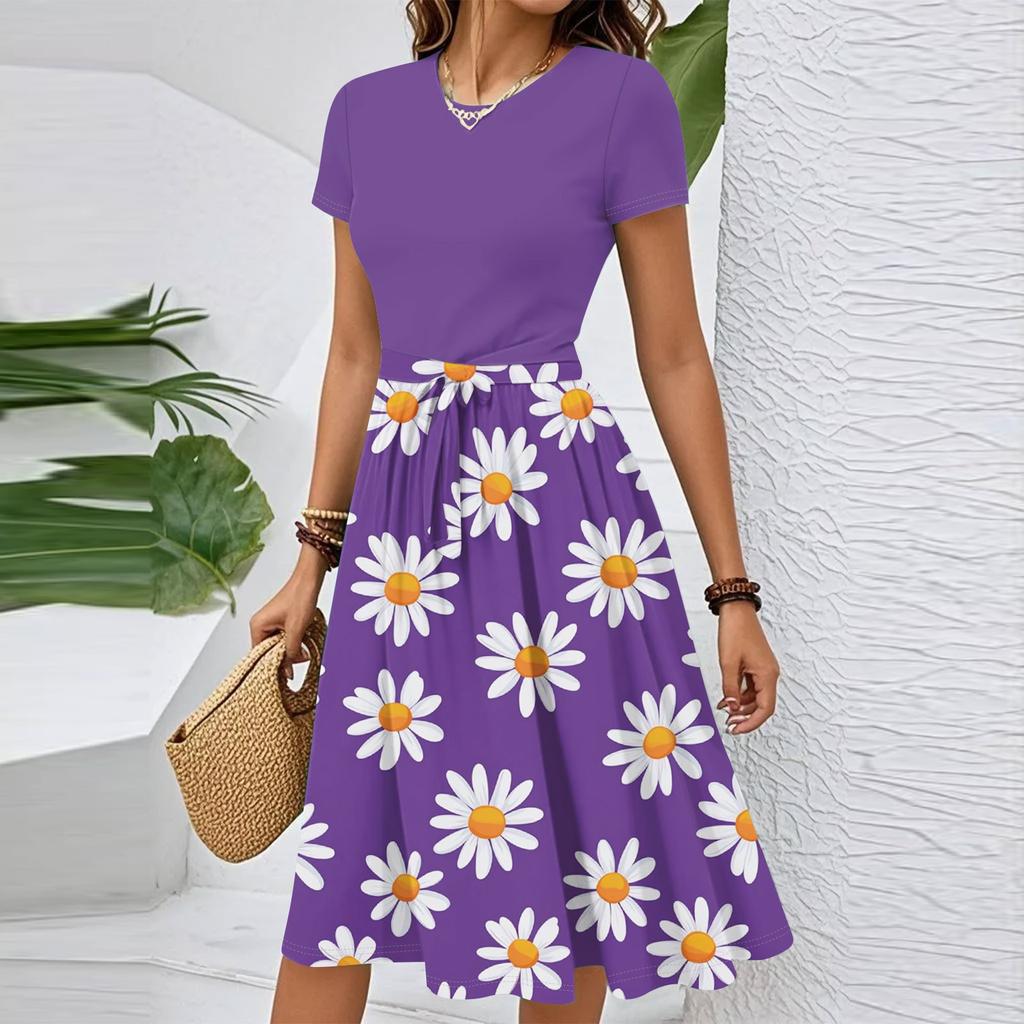 Women's Casual Fashion Belted Floral Printed Short Sleeve Round Neck Elegant Flowing Dress
