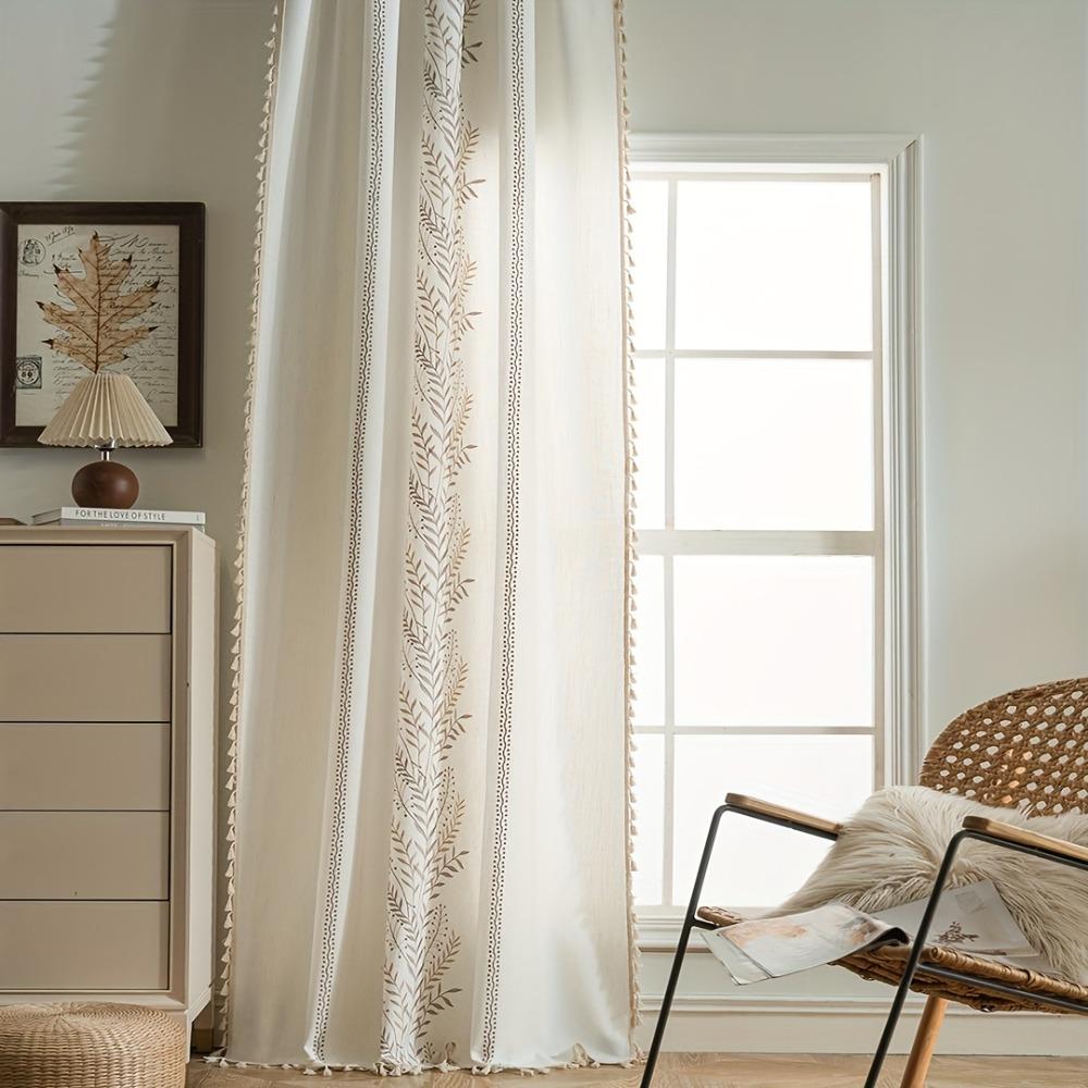 Floral Embroidered Curtains,Semi Sheer Tassels Linen Drapes for Living Room,Boho Light Filtering Cottage Curtain with Rod Pocket