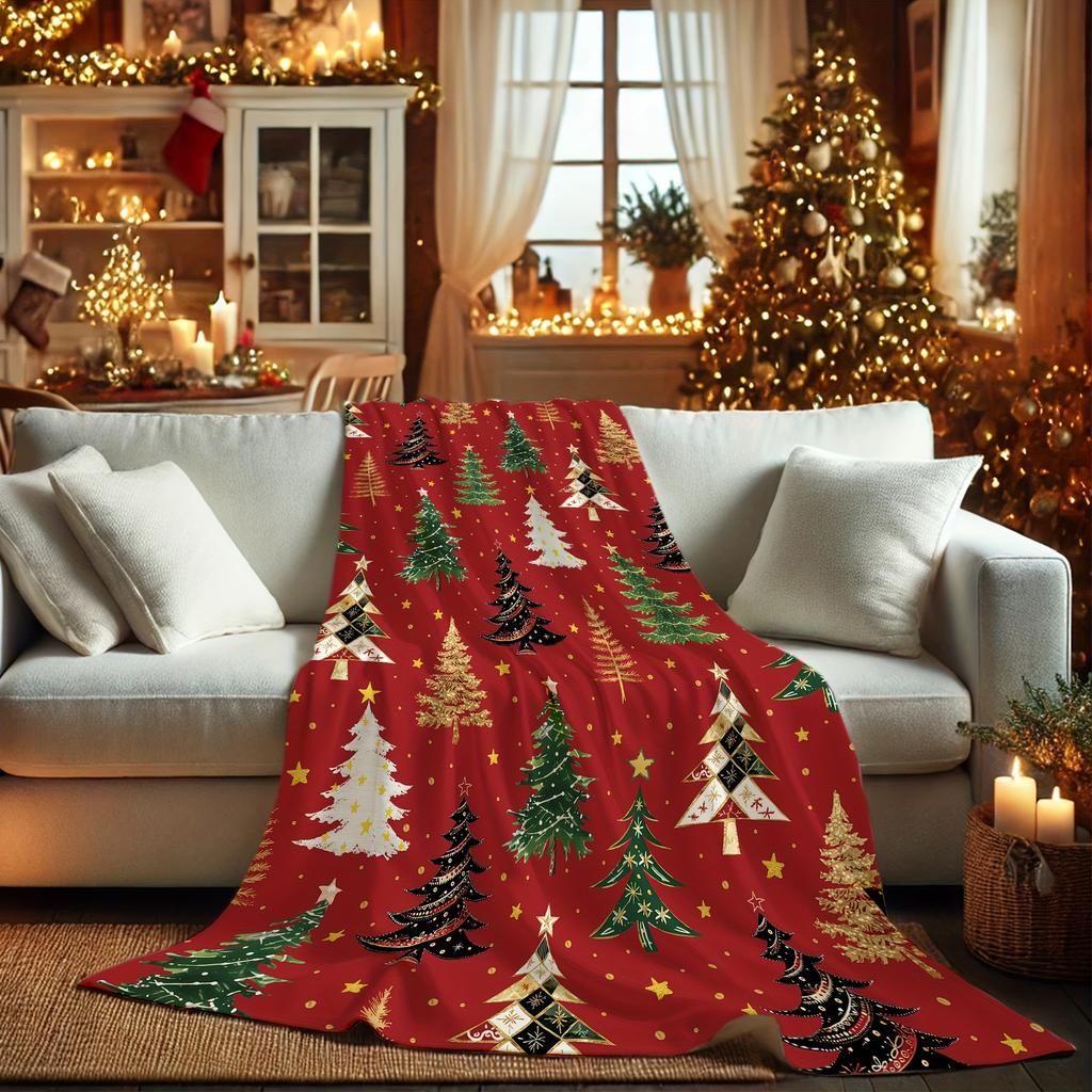 Soft, Warm Cozy Christmas Tree Flannel Throw Blanket - Red, Green, White, Black, Perfect Holiday Gift for Living Room & Bedroom,