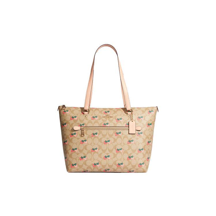 

Coach Gallery Tote Bag with Strawberry Print, Light Khaki Signature Canvas Leather Trim Gold Hardware, Women s Daily Travel Commute CB595-IMOT4 Basic Set (Bag+Dust Bag)