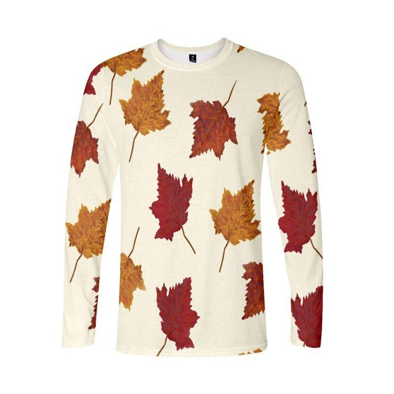 Men's Fall Fashion Creative Leaf Print T-shirt Fashion Retro Fun 3D Printed Loose Breathable Crew Neck Short Sleeve Pullover