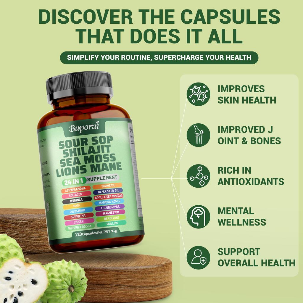 Soursop Capsules Contain Shiitake Mushroom, Seaweed, and Hericium Erinaceus Extract; Vegan; Antioxidant Support; and Joint Health Benefits.