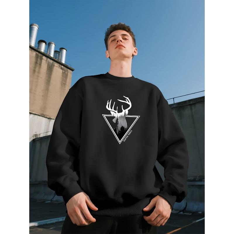 Men's Street Style Crew Neck Sweatshirt With Forest Deer Shadow Triangle Logo, Casual Top For Commuting And Leisure.