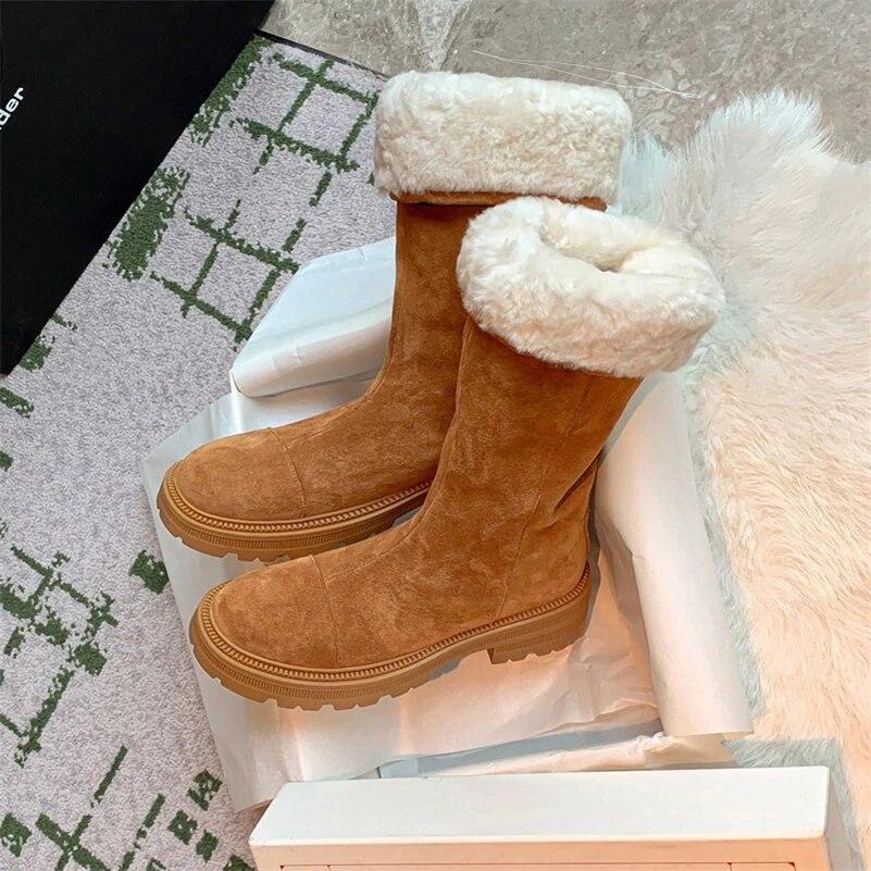 Meotina Bottes mi-mollet en cuir véritable pour femmes, bout rond, talons épais, plateforme, laine, daim, chaussures de mode pour dames, hiver 40