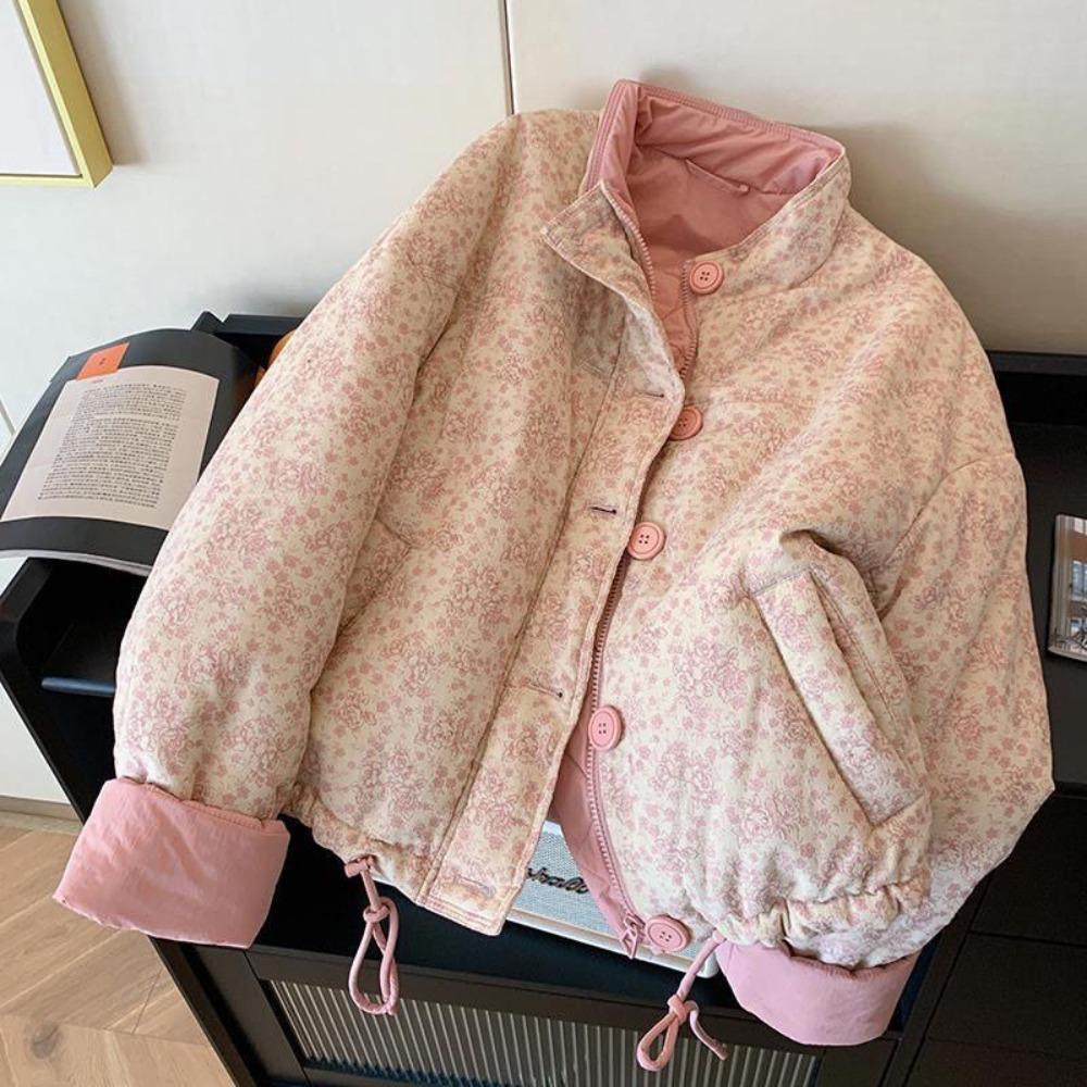 Literaire Korea Zachte Print Vest Vrouw Opstaande Kraag Kort Leeftijd Verminderend Jasje Casual Warm Verdikt Panelen Mujer