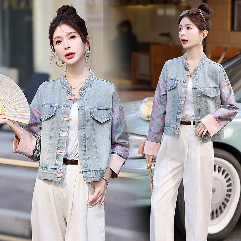 

Женская джинсовая куртка в стиле ретро, с жаккардовым узором в китайском стиле, весна 2025, модный колор-блок M (110-120 jin)