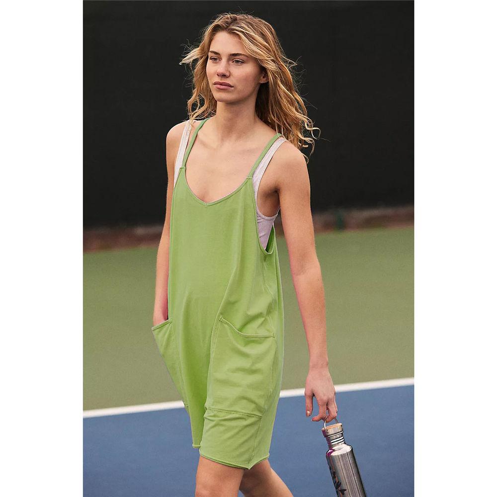 Women Shorts Summer Plain Relaxed Non-Adjustable Back Strap Pants Pocket Suspen Der Knit Jumpsuit