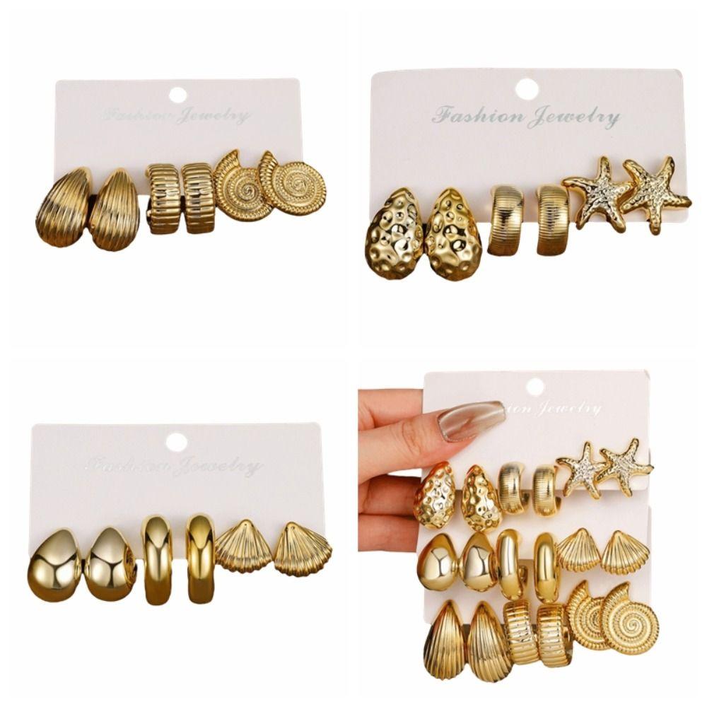Starfish Starfish Earrings Golden Seashell Dangle Earrings Retro C-Shape Earrings Set  Summer