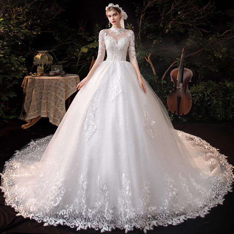 

2025 Long Sleeve Wedding Dress for Petite Brides - Simple Forest Style, Thick Arm Coverage, Train Design TD68 L