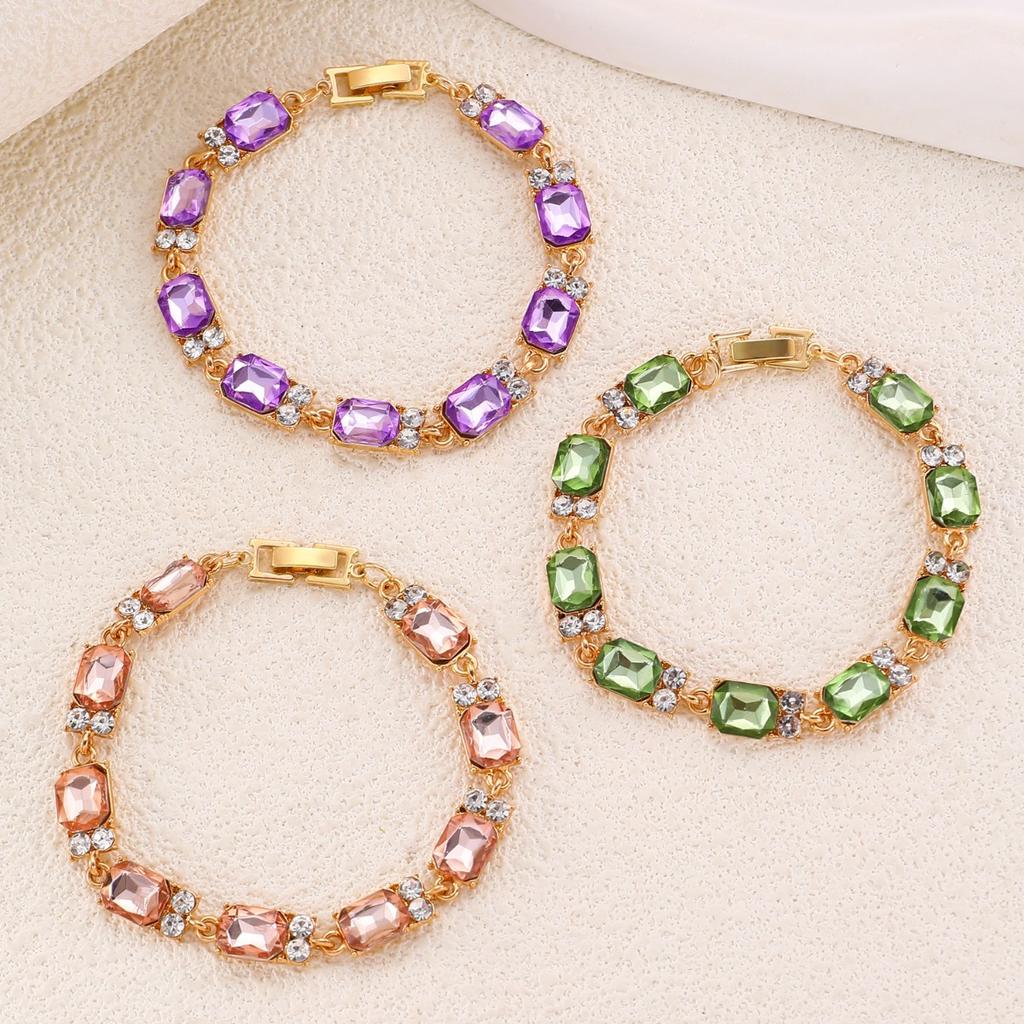Vintage Pink Rectangle Stone Chain Bracelet Women Elegant Party Wrist Jewelry