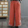 Tide Women's Spring Elastic Waist Cotton Linen Straight Leg Pants with Retro Embroidery