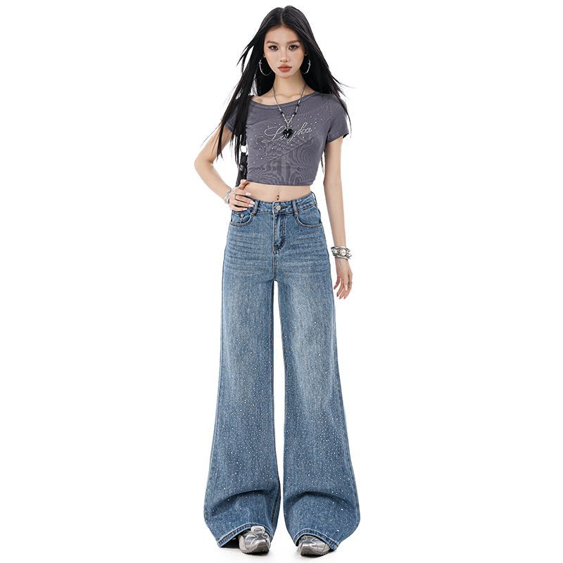 Spring Summer High Waist Stretch Rhinestone Minimal Slim Floor Wide Leg Denim Pants For Women Casual Pants Oversize Denim Trousers
