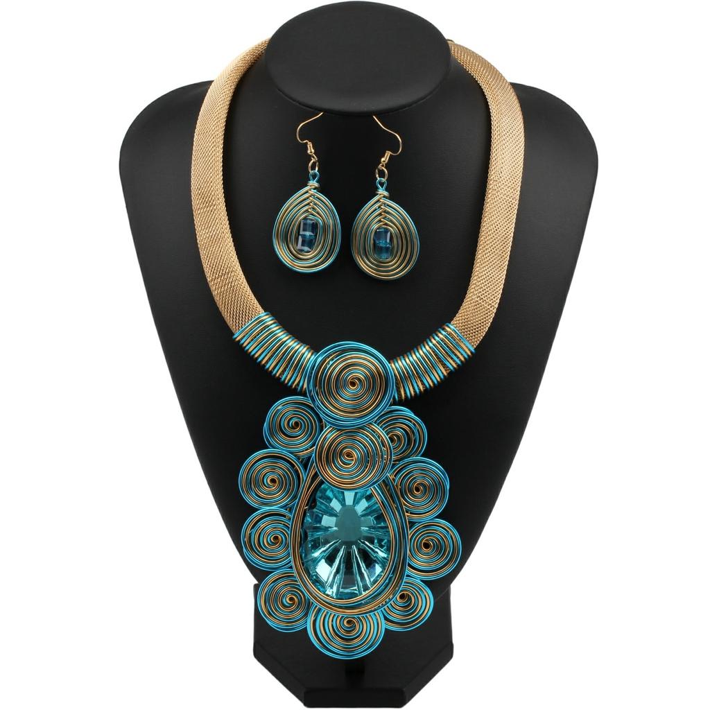 Crystal Pendant Necklace Earrings for Women Chunky Statement Flower Festival Ethnic Tribal Jewelry Accessories