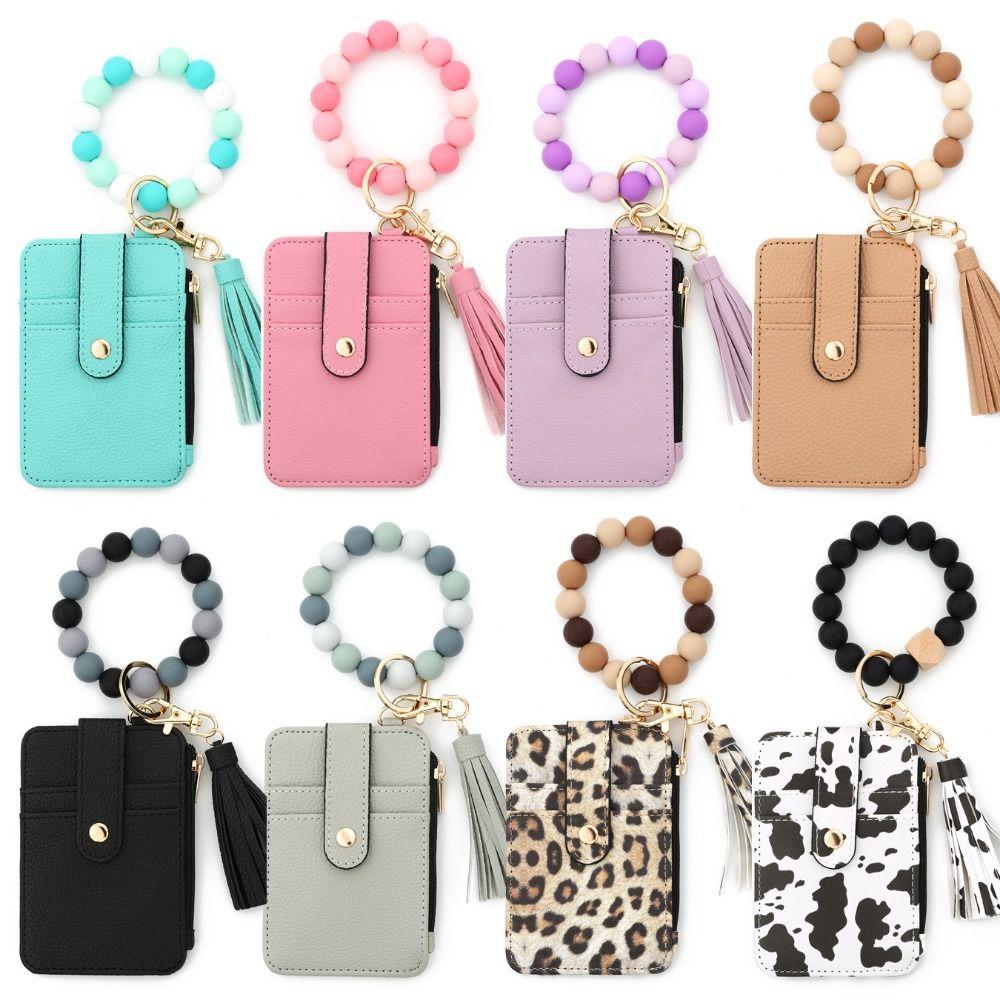 Faux Leather Card Holder Bracelet Keychain Bohemian Style Wristband Card Case Keyring  Everyday Use