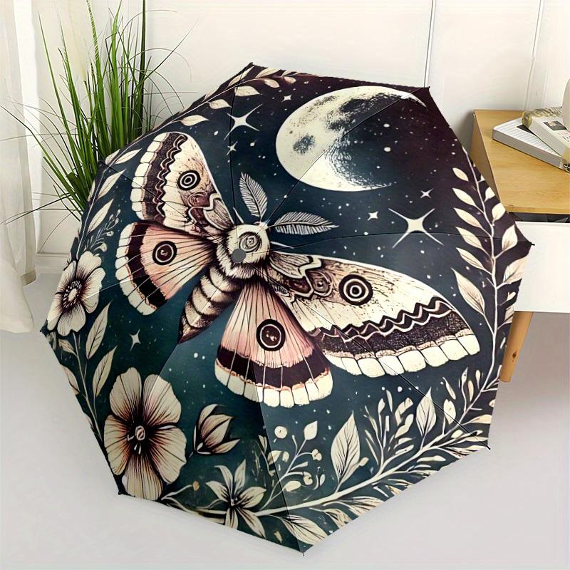 1pc Moonlit Moth Automatic Open/Close Umbrella with Windproof, Functional Design, 8-Rib Sturdy Canopy