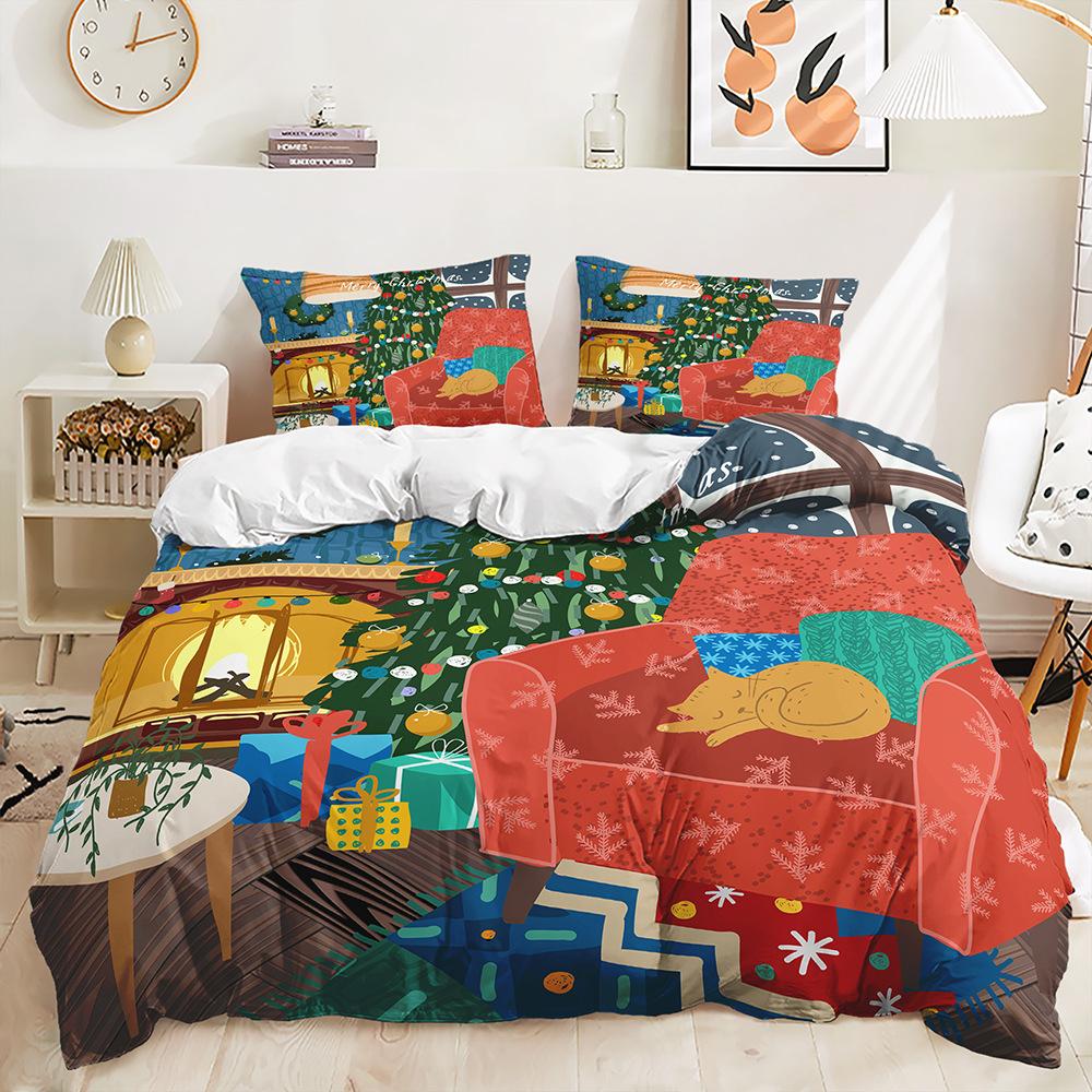 Bed Three-Piece Quilt Cover Christmas Illustration Kit Bedding