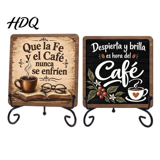 Rustic Coffee Sign for Bar 5" x Sign Wooden Spanish Decor with Decorative Station Signage Metal Display Rack Vintage Tabletop Decorations,