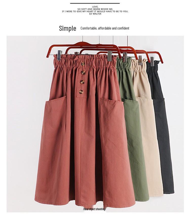 Elastic Waist A-line Button Skirt: Casual, Age-Reducing Style for Women - Perfect for Spring and Summer In Korean and Japanese Fashion.
