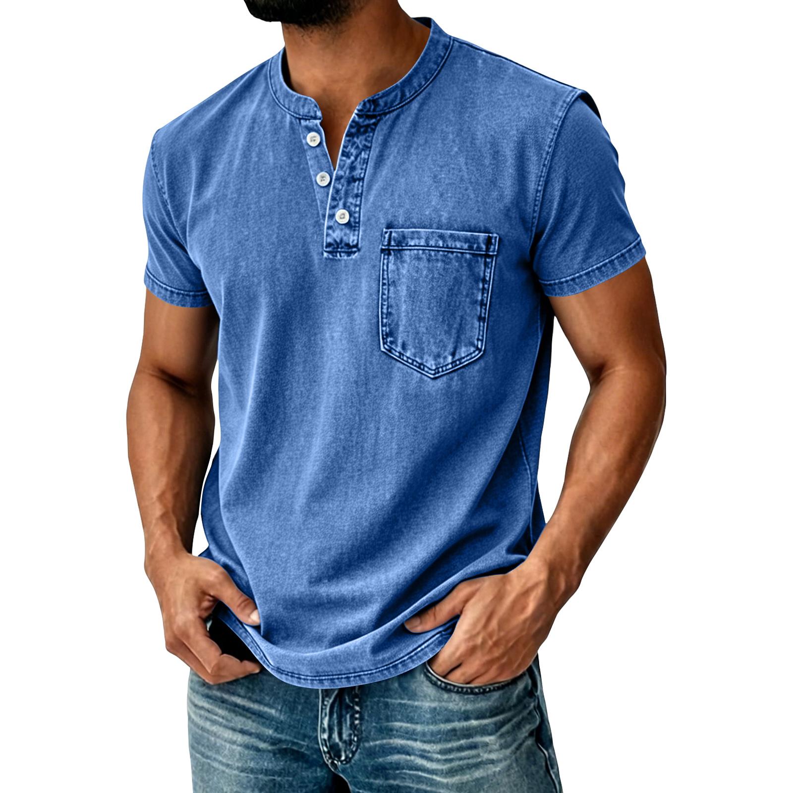 BILIBILIGAME Heren Henley T-shirt met korte mouwen en borstzak, casual pasvorm, knoopsluiting, katoenen top XXXXL blauw