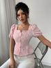 Mode d'été pour femme Chemise élégante décontractée Col rond Manches bouffantes Manches courtes Haut doux