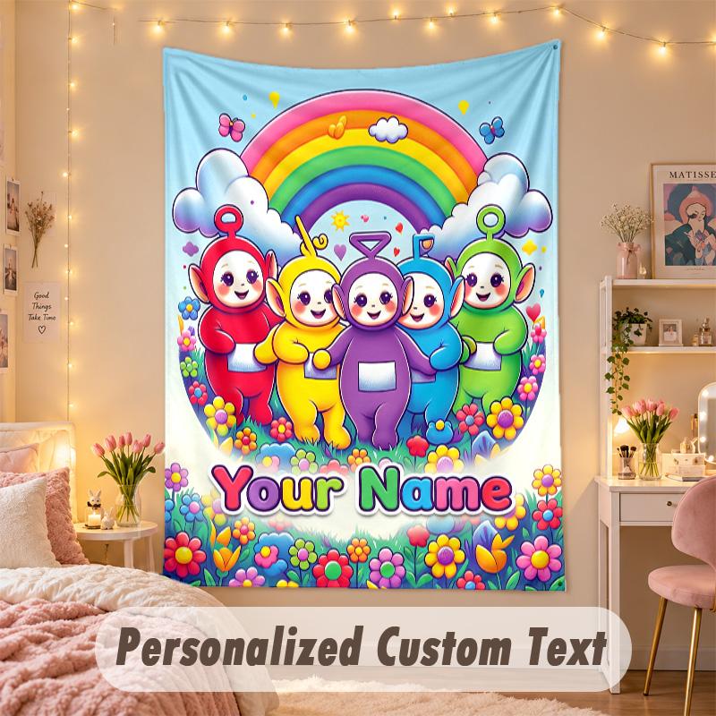 Custom Personalized Tapestry,Teletubbies Print Custom Name Text Wall Art Hanging for Bedroom
