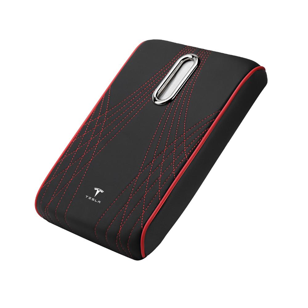 AAAIM1 Car Armrest Cushion With Pocket Tissue Storage Bag Center Console Armrest Box Mat For Tesla Model 3 Y X S Roadster Cybertruck