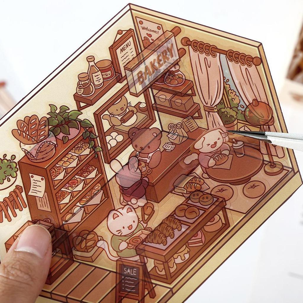 Cartoon Miniature Scene Stickers 3D Effect 4 Pieces Stress Relief Stickers Stress Relief Landscaping Decals For Craft