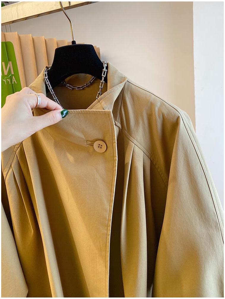 Korean Style High-End Stand-Up Collar Loose Mid-Length Trench Coat for Women