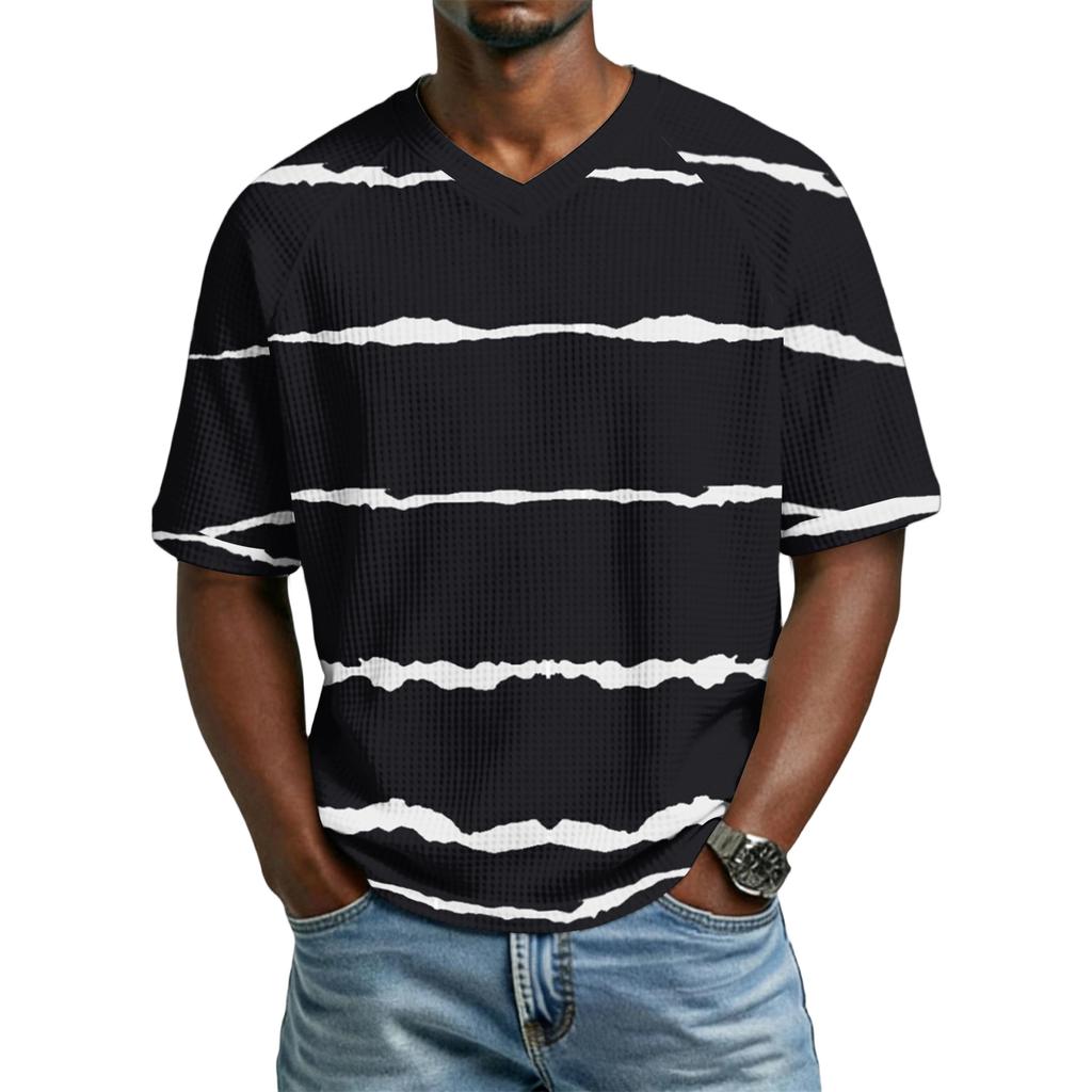 Men's Casual Stylish Striped Texture Printed Short-sleeved Shirt Men's Breathable V-neck Short-sleeved Top