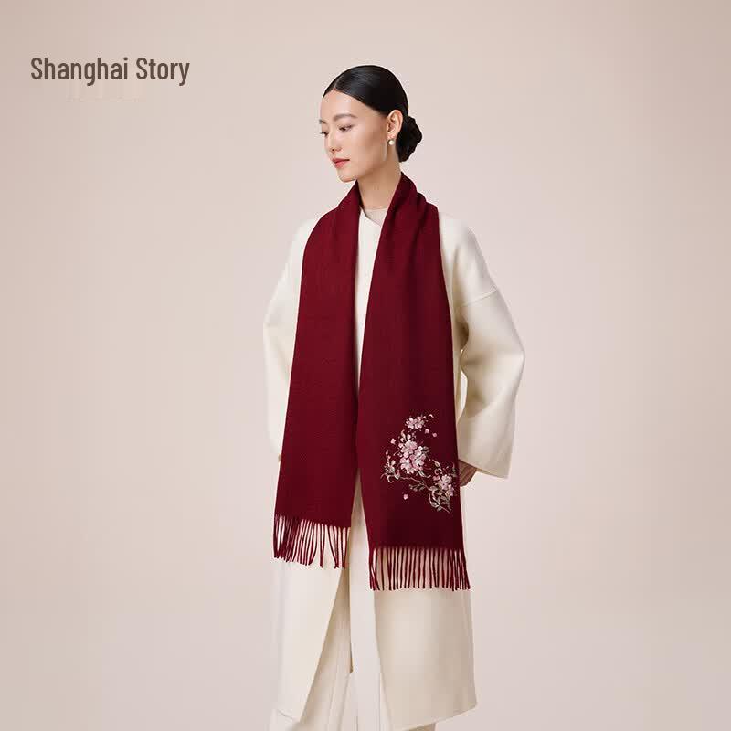 Shanghai Story 100% Wool Embroidered Scarf for Women 180x30cm