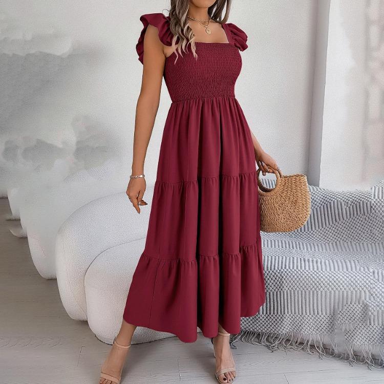 Autumn Winter Women Elegant High Waist Pleated Dress Short Sleeve Solid Color Lace Up Fashion