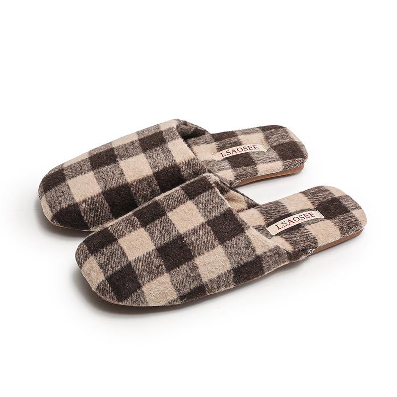 Women's Luxury Checkered Suede Fleece Slippers - Non-Slip Lightweight Tendon Sole