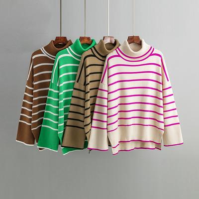El Jersey de Punto para Mujer de Otoño e Invierno con Cuello Alto a Rayas Contrastantes es Holgado e Informal