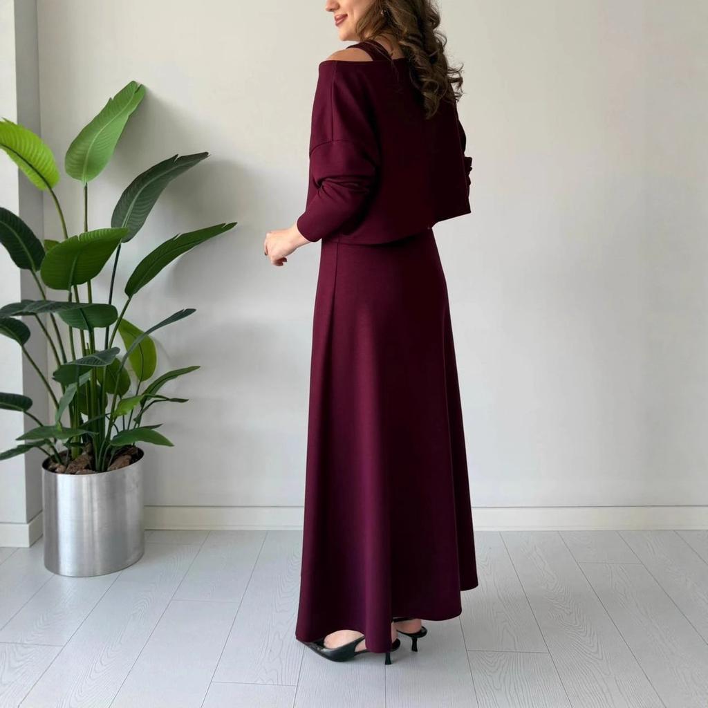 cross-border European and American autumn new single shoulder suspender slim-fit long-sleeved A-shaped long skirt slim-fit temperament women's